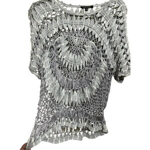 John Mark Gray Blue Crochet Boho Short Sleeve Blouse Top Size Medium